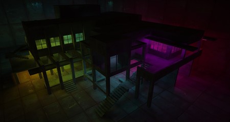 Abstract architectural concrete and black interior of a minimalist house with color gradient neon lighting. 3D illustration and rendering.