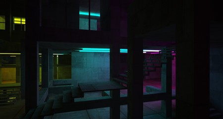Abstract architectural concrete and black interior of a minimalist house with color gradient neon lighting. 3D illustration and rendering.