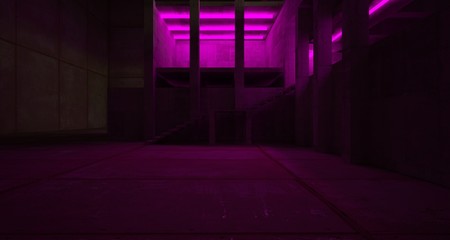 Abstract architectural concrete and black interior of a minimalist house with color gradient neon lighting. 3D illustration and rendering.