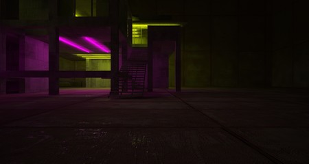 Abstract architectural concrete and black interior of a minimalist house with color gradient neon lighting. 3D illustration and rendering.