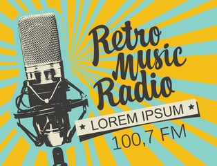 Vector banner for radio station with studio microphone and inscription Retro music radio on the abstract background with rays. Radio broadcasting concept. Suitable for flyer, ad, poster, placard