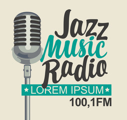Vector banner for jazz music radio with microphone and inscription in retro style. Radio broadcasting concept with classic dynamic silver mic. Suitable for banner, ad, poster, flyer, logo