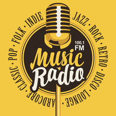 Vektorbanner für Musikradiosender mit Mikrofon und Inschrift im Retro-Stil. Rundfunkkonzept mit klassischem dynamischem Mikrofon. Geeignet für Banner, Werbung, Poster, Flyer, Logo © paseven