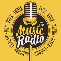 Vektorbanner für Musikradiosender mit Mikrofon und Inschrift im Retro-Stil. Rundfunkkonzept mit klassischem dynamischem Mikrofon. Geeignet für Banner, Werbung, Poster, Flyer, Logo © paseven