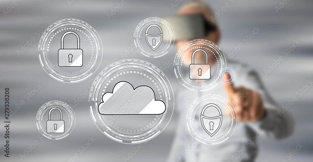 Wall mural Man touching a cloud security concept