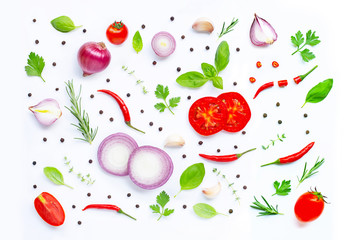 Various fresh vegetables and herbs on white background. Healthy eating concept