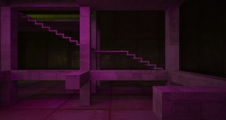 Abstract architectural concrete and black interior of a minimalist house with color gradient neon lighting. 3D illustration and rendering.