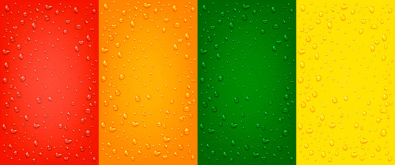 Set of liquid realistic 3d water drops on red, orange, yellow, green backgrounds.