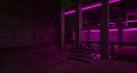 Abstract architectural concrete and black interior of a minimalist house with color gradient neon lighting. 3D illustration and rendering.