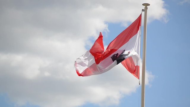 Berlin flag waving in the wind. Flag of German state Berlin flying on a flagpole. Black bear against white background. Three stripes of red-white-red. Landesflagge. Flag of West Berlin