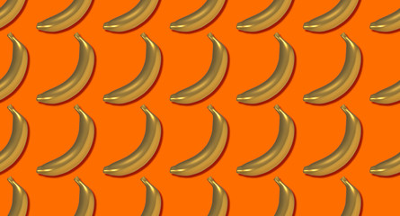 Seamless pattern with colorful fruit of fresh gold bananas concept illustration isolated on orange background, From top view 3d rendering