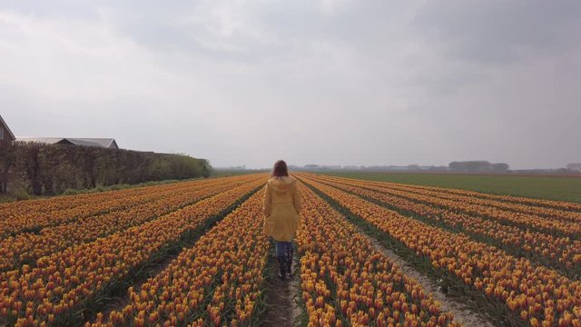 Young teenage girl walking through yellow tulip field in a yellow rain coat