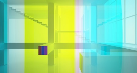 Abstract white minimalistic architectural interior with gradient color glass in window. 3D illustration and rendering.