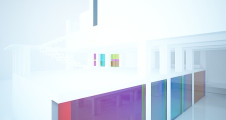 Abstract white minimalistic architectural interior with gradient color glass in window. 3D illustration and rendering.