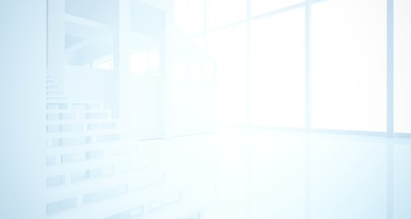 Fototapeta premium Abstract white minimalistic architectural interior with gradient color glass in window. 3D illustration and rendering.