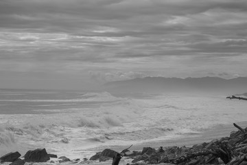 Rough coastline by Hokatika in New-Zealand west-coast in black and white