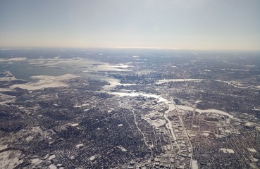 Aerial view of Boston and the frozen Massachusetts Bay