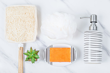 loofah natural sponge and herbal soap.