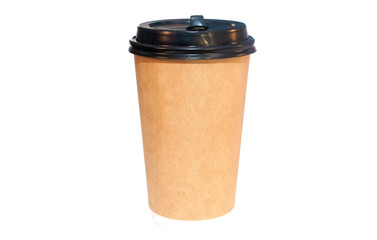 Coffee to go in a disposable paper cup isolated on white