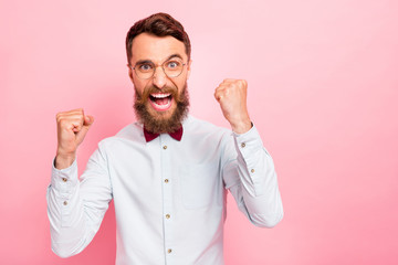 Close-up photo portrait of glad excited cheerful rejoicing cool gentleman expressing bright emotion...