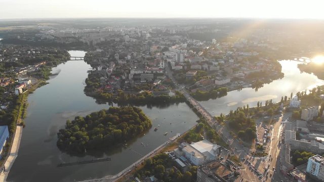 Drone Aerial Hyperlapse of a Beautiful Sunset Over River, Bridge and Old European City