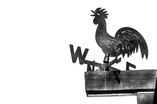 Black & white image of weathercock on the roof