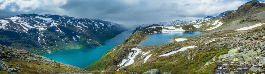 Panoramic view from Besseggen ridge over Gjende and Ovre Leirungen lakes, Jotunheimen National Park, Norway