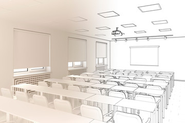 3d illustration. Sketch of the conference hall goes into white computer stuff