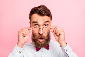 Close-up photo of shocked expressing bright reaction person in formal apparel touching eyewear...