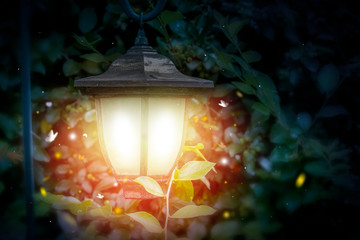 lantern hanging in the dense forest. Fireflies and beetles fly to the light. Copy space