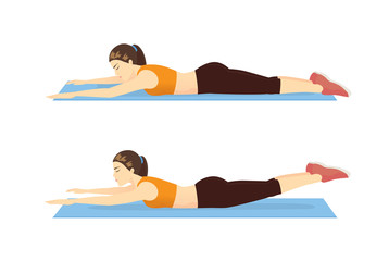 Woman doing exercise with Super hero flying position on blue mat in 2 step for guide. Illustration about Workout diagram. 