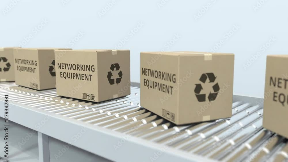 Aufkleber cartons with networking equipment on roller conveyor. loopable 3d animation