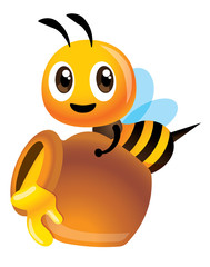 Cartoon cute happy bee carry a big honey pot full with golden yellow honey - Vector illustration isolated