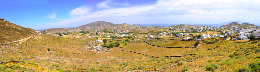 panoramic view, taken from the village of Ano Mera, from the island of Mykonos, Greek island of Cyclades in the heart of the Aegean Sea