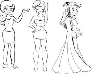 Set of vector sketch women drawn by lines