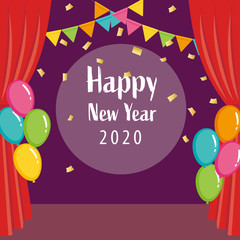 Obraz premium Happy new year 2020 text with colorful balloons and red curtain