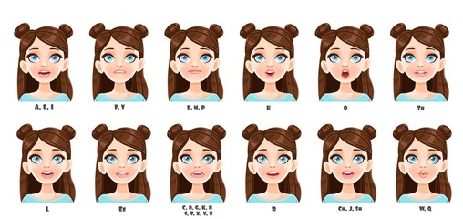 Cute cartoon brunette girl talking mouth animation. Female character speak mouths expressions