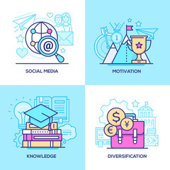 Marketing and education - set of line design style colorful illustrations