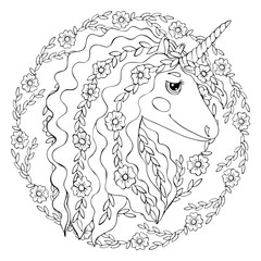 Black line Unicorn for coloring book or page
