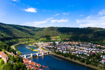 Aerial view, Castle Hirschhorn at river Neckar, Odenwald, Hesse, Germany,