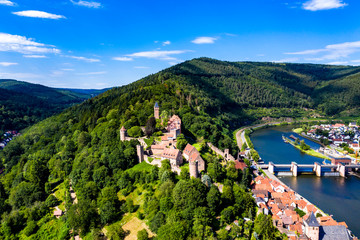 Aerial view, Castle Hirschhorn at river Neckar, Odenwald, Hesse, Germany, - obrazy, fototapety, plakaty