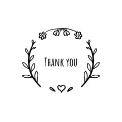 Decorative flowering frame around Thank you text. Hand drawn vector ink vintage illustration isolated on white background. Digital painting art drawing. Only outline, contour.