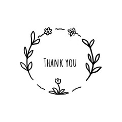 Flowering around Thank you text. Hand drawn vector ink illustration isolated on white background. Digital painting art drawing. Only outline, contour.