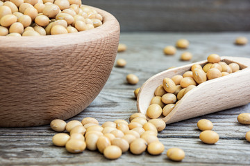 Dried raw soya in wooden bowl and measuring cup on wooden background. Soybeans in a bowl with...