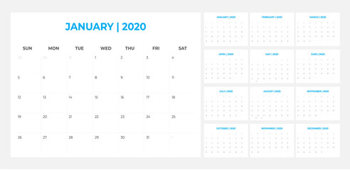 2020 Calendar - illustration. Template. Mock up