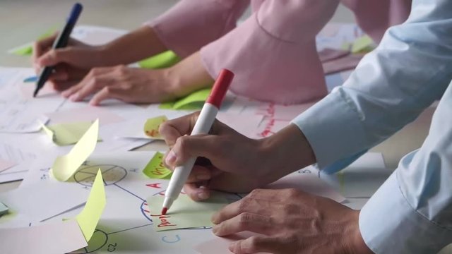 Close up of two business colleagues standing leaning on desk and making notes on stickers with markers