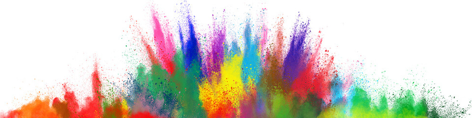 Freeze motion of colorful color powder exploding on white background.  Paint Holi.