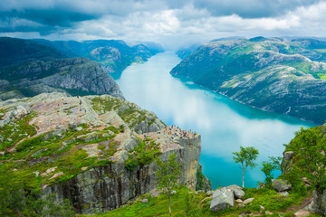 Fototapeta na wymiar View of one of Norway's most famous tourist attractions, Preikestolen over Lysefjorden, Pulpit Rock, Norway