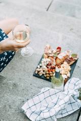 Bruschettes and a picnic with prosciutto. Italian-style blogger with cheese and meat.