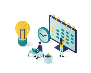 vector isometric illustration. isometric people characters make an schedule in the calendar. design business graphics tasks scheduling on a week vector isometric illustration